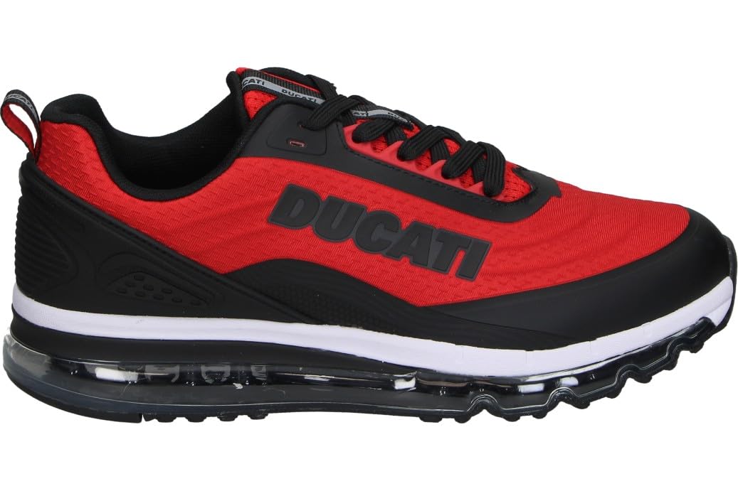 Ducati Zapatillas Hombre – Deportiva Negra con Detalles en Rojo y Blanco – Sneakers con Cordones – Suela con Cámara de Aire – Cómodas – Modelo DU25M106 – 44 EU