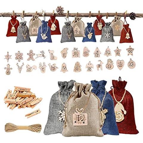 24 Adventskalender Hängende Tasche, Weihnachten Geschenksäckchen Stoffbeutel Cover