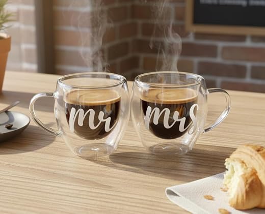 THE UMBRELLA STORE Mr &amp; Mrs Double wall Glass Mugs| Couple Coffee Mug Set of 2 | Anniversary, Wedding, Valentine Gift for ...