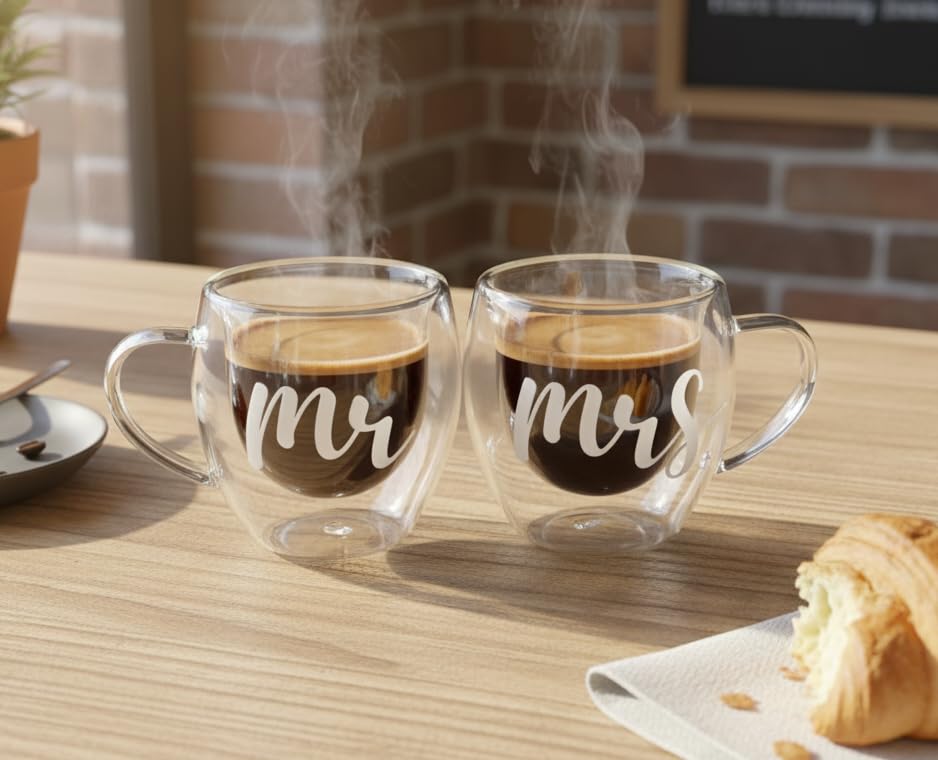 THE UMBRELLA STORE Mr & Mrs Double wall Glass Mugs| Couple Coffee Mug Set of 2 | Anniversary, Wedding, Valentine Gift for 