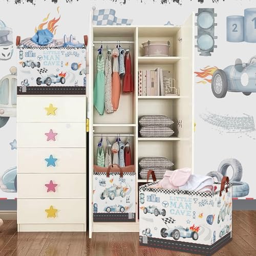 Image of Car Themed Room Decor Basket, Kids Vintage Car Laundry Hampers,Storage Bins,Tire Toy Box for Boys, Blue Basket for Gifts Empty(Vintage Blue)