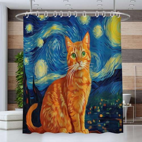 Rideau de douche étanche chat orange évitant les moisissures avec tissu polyester 3D