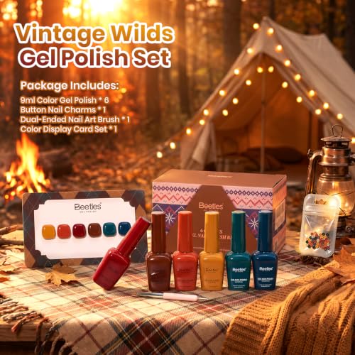 Image of Beetles Fall Gel Nail Polish Set - Vintage Wilds, 6 Colors Fall Gel Polish Set | Fall Nail Art with 2-In-1 Nail Art Pen, Button, Color Card, Soak-Off UV LED, Long-Lasting for Salon, DIY & Holiday Manicures