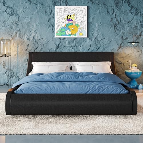 Allewie Upholstered Queen Size Platform Bed Frame Modern Low Profile Sleigh Bed with Faux Leather Adjustable Headboard, Wood Slat Support, Easy Assembly, No Box Spring Needed, Glossy Black