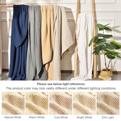 Image of PHF 400GSM 100% Washed Cotton Waffle Weave Blanket, Cozy Breathable Skin-Friendly Throw Queen Size for All Season, Luxury Fall Layer Bedspread for Couch Bed Sofa,Elegant Home Decor,Beige, 90 inch inch x90