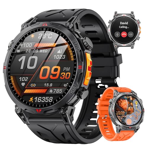 Military Smart Watches for Men GPS, 1.56″ AMOLED Screen Bluetooth Call, Smartwatch for Android Phones and iPhone, 100+ Sport Modes, 3ATM Waterproof Smart Watch with Compass