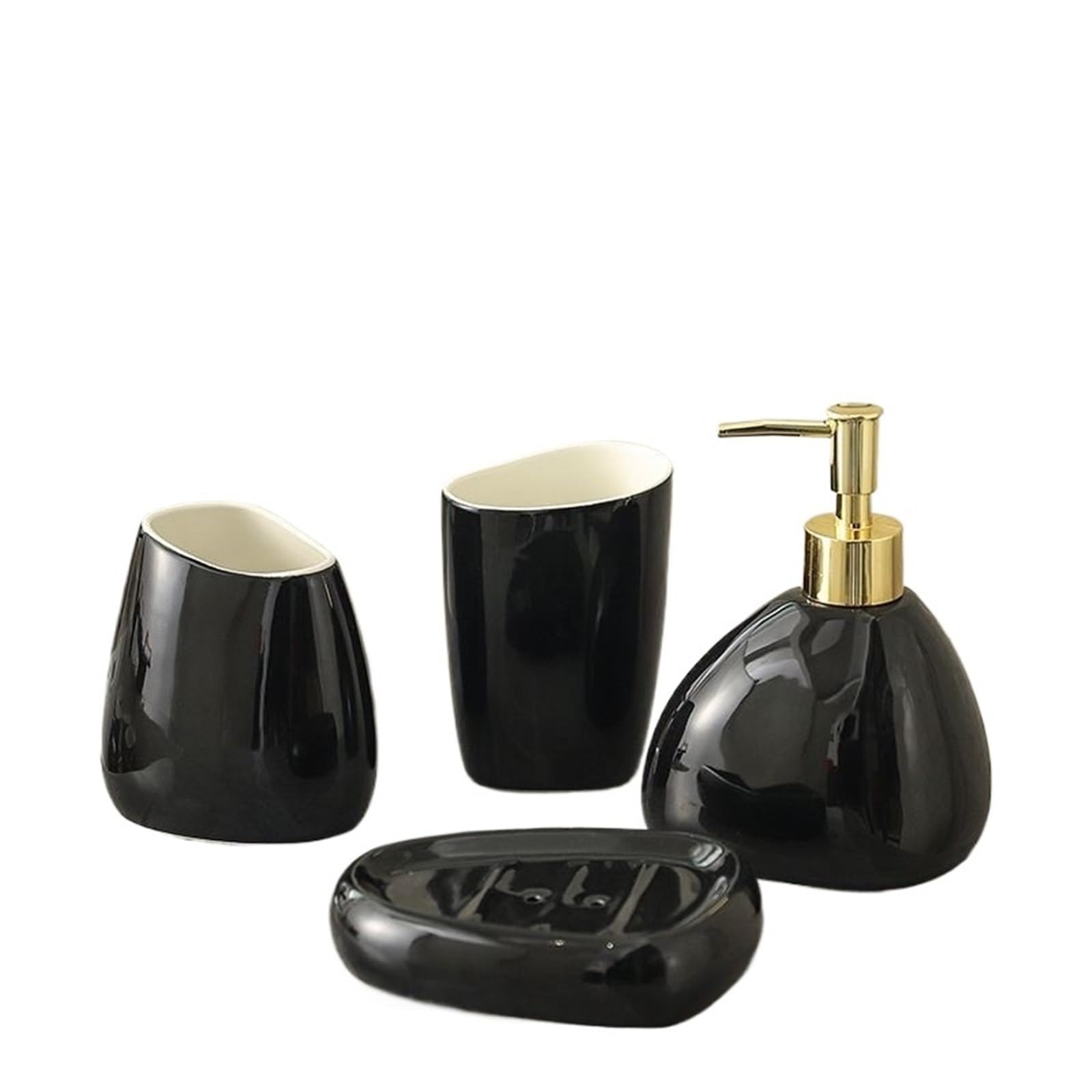 Soap Dish Set Exquisite Gold Plated Black Ceramic Bathroom Set Lotion Bottle Soap Dispenser Household Mouthwash Accessories(Color3)