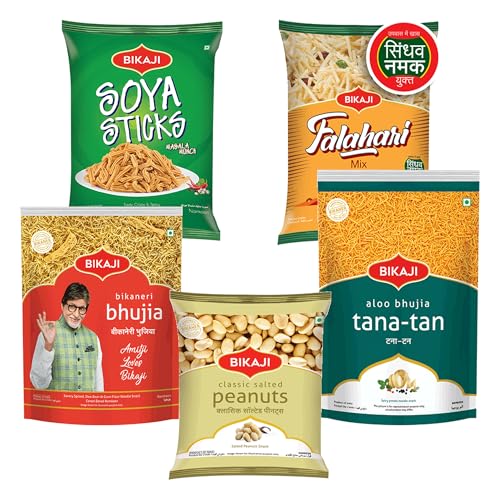Bikaji Snacks Combo – SOYA STICKS & SALTED PEANUT & BHUJIA & TANA-TAN (Aloo Bhujia) & FALHARI MIX | 5 Pack Variety | Bar Snacks, Party Mix & Tea-Time Treats – 1000g