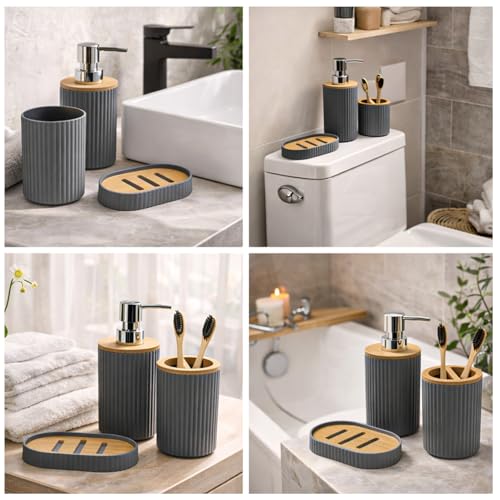 Image of MARKET 99 Bathroom Accessories Set of 4, Grey Plastic Bathroom Countertop Organizer with 350 ml Soap Dispenser, Toothbrush Holder, Tumbler & Soap Dish, Modern Vanity Bathroom Decor Set