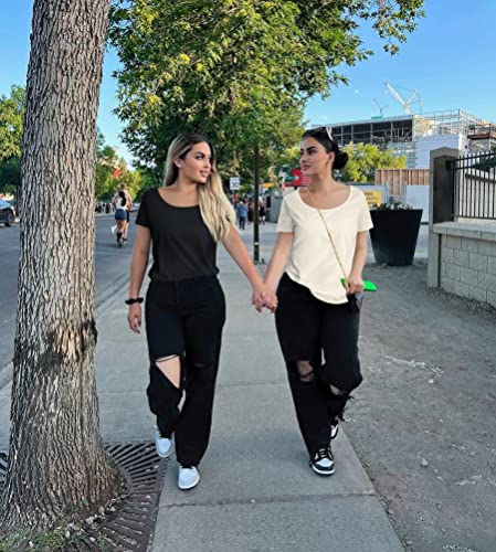 Oqq Women's 2 Piece T-Shirts Short Sleeve Scoop Neck T-Shirt Black Beige #TOP2