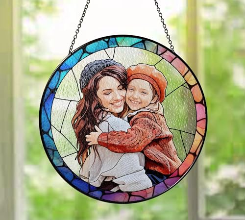 Personalized Mom Grandma Sun Catcher with Photo, Grandma Stained Glass Sun Catcher, Custom Stained Glass Window Hanging, Mothers Day Portrait, Mom Gifts from Kids, Mother Birthday, Christmas