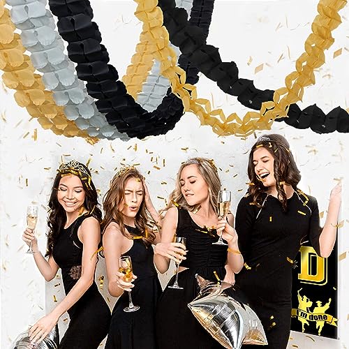 Image of Black-Gold Silver Party-Decorations Streamers Garland - 157Ft Graduation Four-Leaf Clover Hanging Banner,Retirement Men Boys Birthday Wedding Baby Bridal Shower New Years Supplies Decor Hugtmr