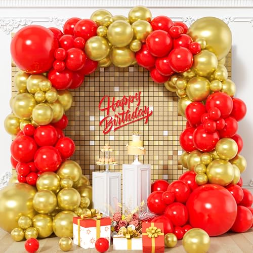 Red Gold Balloons, 120 Pcs Red and Metallic Gold Latex Balloon Arch Garland Kit with Different Sizes 18/12/10/5 Inch for Valentines Wedding Anniversary Engagement Birthday Party Decorations