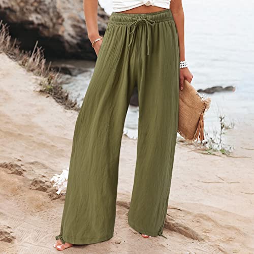 Bemona Linen Pants For Women Flowy Summer High Waisted Wide Leg Pant With Pockets Lounge Trousers Casual Palazzo Pants Green #TOP2