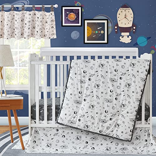 Brandream Milky Way Space Galaxy 3-Piece Baby Boy Girl Nursery Crib Bedding Set with Spaceship Rocket Theme - Black and White Bedding