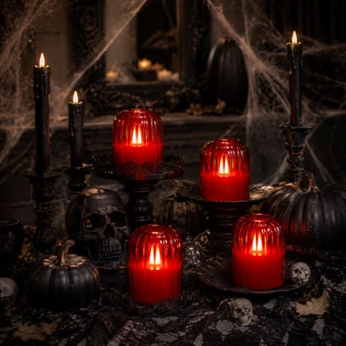 Image of Lezonic Red LED Flameless Candles, 4 Pcs Glass Battery Operated Pillar Candles with Remote, Dancing Flickering Flame Real Wax, Home Decor for Wedding, Halloween, Christmas, & Holiday Table Centerpiece