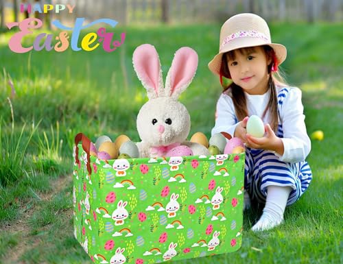 Image of Rectangle Empty Easter Baskets Boy Large Toy Storage Bin Girls collapsible Hamper Waterproof Canvas Box Kid Gifts Spring Decor( Rainbow Rabbit Egg )