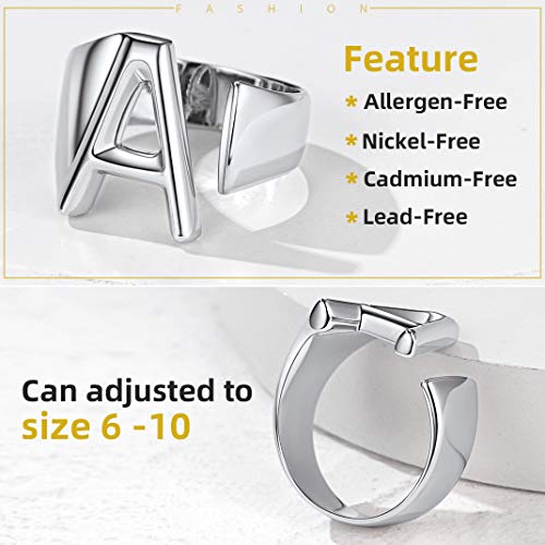 KeyStyle Letter W Ring Statement Jewelry, Alphabet Initials Silver Chunky Open Band Ring - Thumbnail 4