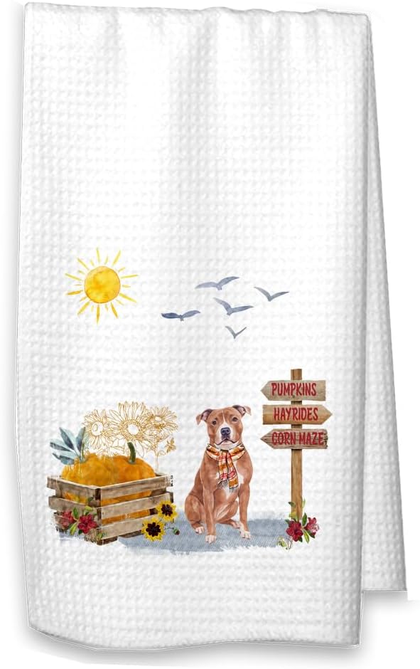 Studio 9Thirty3 Pit Bull Fall Kitchen Towel – Pumpkin Patch Microfiber Dog Dish Towel – Waffle Weave Dog Lover Gift – Printed in USA (Pit Bull Black Personalized)