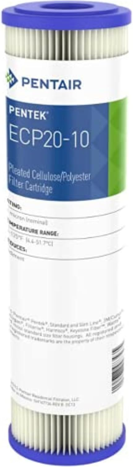 Pentair Pentek ECP5-10 Sediment Water Filter, 10-Inch, Under Sink Pleated Cellulose Polyester Replacement Cartridge, 10" x 2.5", White End-Cap, 5 Micron