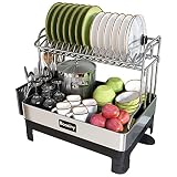 BOOSINY Dish Drying Rack, 304 Stainless Steel 2 Tier Large Dish Rack and Drainboard Set with Swivel