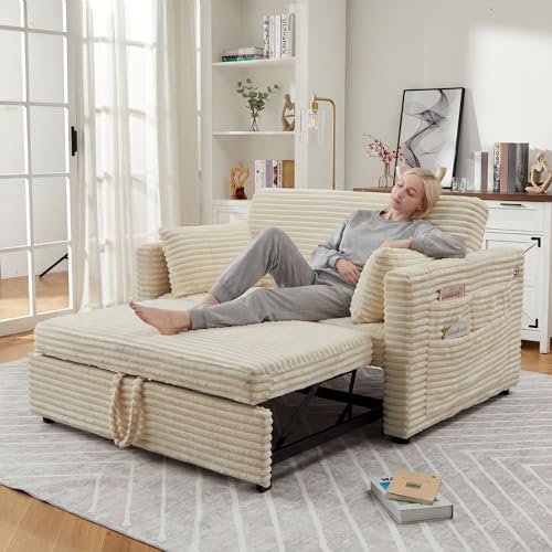 GarveeTech Loveseat Sleeper Sofa Bed, 55'' Pull Out Bed with Adjustable Backrest, Charging Station and Side Pockets, Corduroy Couches for Living Room,