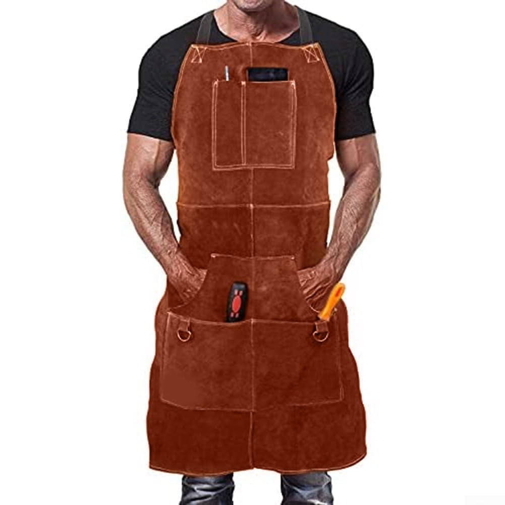 Tablier de soudeur en cuir de vache avec 6 poches pour homme - Résistant à la chaleur - Protection contre les flammes - Pour atelier de forgeron, armurier - Rangement d'outils - Motif croisé dans le