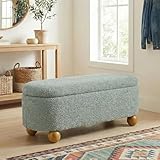VKNOW 44.8' Storage Ottoman Bench End of Bed Bench, Thickened Upholstered Blanket Chest for Living Room, Entryway Bench with Cute Spherical Solid Wood Stool Legs for Bedroom, Light Green