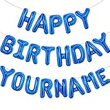 TONIFUL Blue Happy Birthday Balloons 16 Inch Personalized Name Happy Birthday Banner 2 Sets A-Z Mylar Foil Letters Balloons Sign Banner Reusable for Girls Boys Kids & Adults Birthday Decorations
