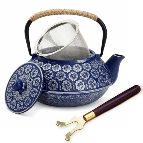 Juvale Japanese Cast Iron Teapot with Infuser & Stovetop Tea Kettle - 34 oz, Blue - Heat Retention, Removable Lid & Fold-Down Handle