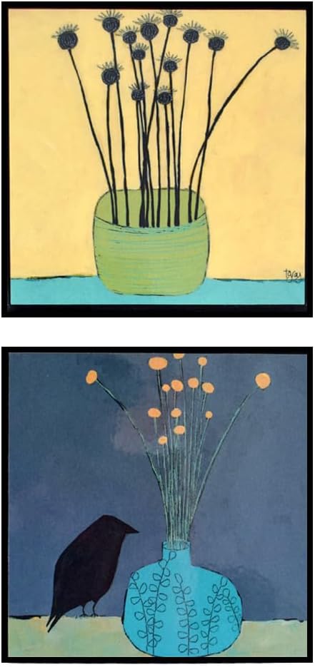 Mini Art Blocks Duo: Poppy Pod Vases, Neutral Pastel Colors with Black Bird, Wall Mounted (Vertical or Horizontal) or Standing, Measures 4" x 4", Made in the USA