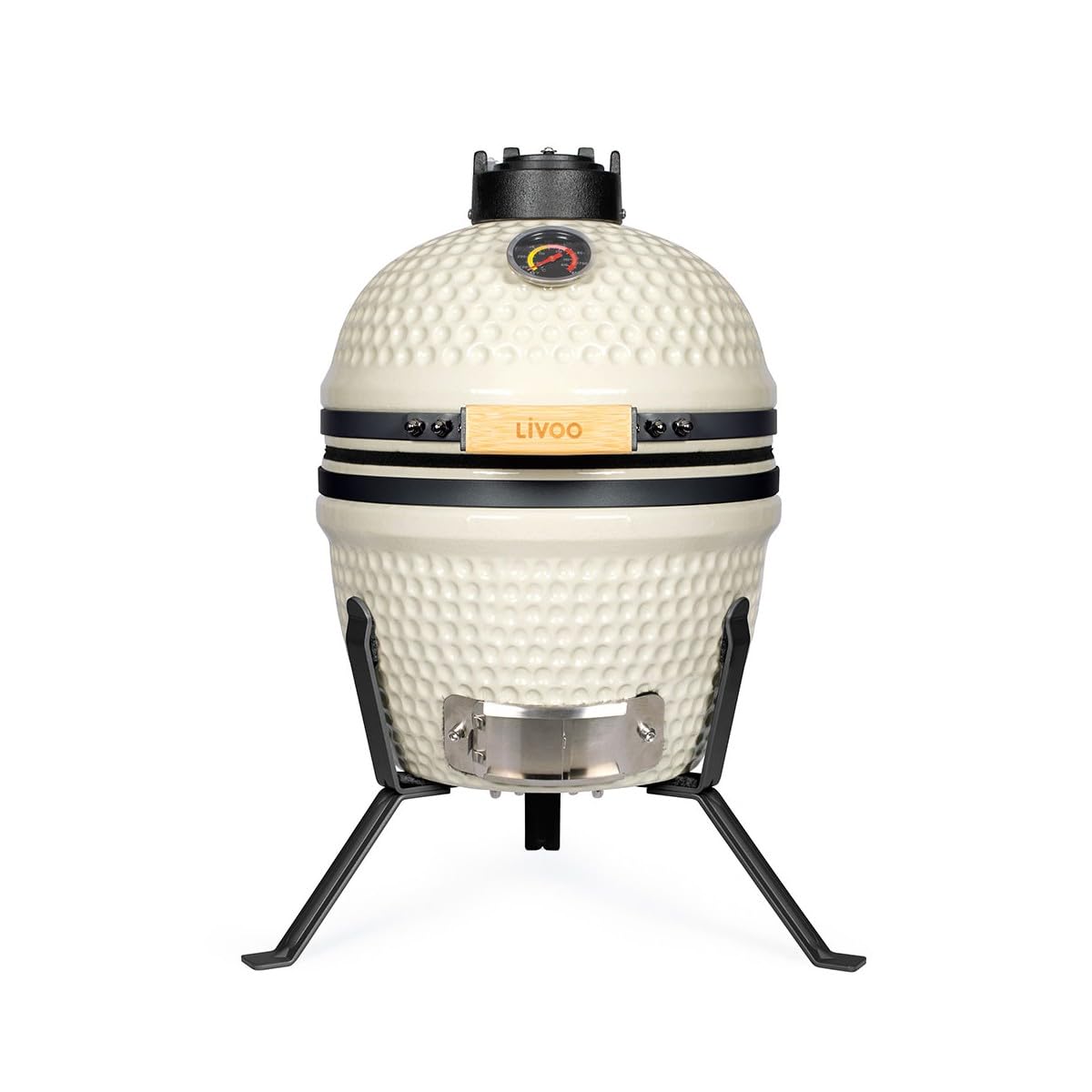 Livoo Kamado BBQ smoking outdoors, with wisps of smoke emanating from the top vent