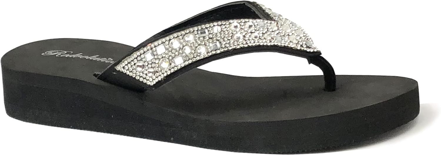 REDVOLUTION New Women's Rhinestone Sandals High | Low Platform T-Strap Jewel Sandals High Wedge Flip Flops