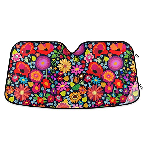 Sunflower Daisy Poppy Flower Floral Windshield Sun Shade,Foldable Car Sun Shade for Front Windshield Sunshades Protector Blocks UV Rays Sun Visor Protect and Cool Your Vehicle Interior