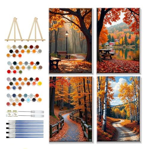 YOYA 4 Pack Framed Paint by Numbers Kit for Adults - Fall Forest Adult Paint by Number Kits on Canvas with Easel DIY Autumn Landscape Paint by Number Framed Canvas for Home Wall Decor 8x12 Inch