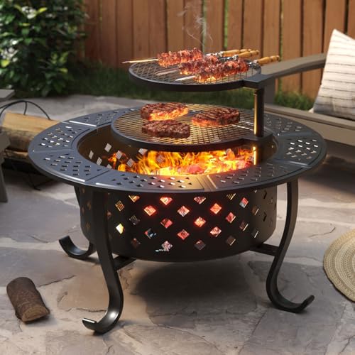 Aoxun Fire Pit,36" Outdoor Wood Burning Fire Pit with 2 Grills,BBQ Large Fire Table for Camping,Heating,Picnics