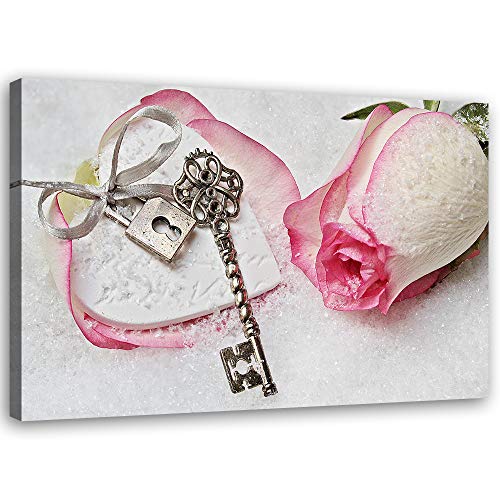 Feeby Quadro Tela Non Tessuta Amore Shabby Chic Retro Vintage 100x70 cm Foto d'Arte Decorazione Murale Corridoio Chiave Di Rosa E Cuore Di Lucchetto rosa