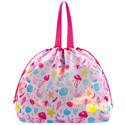 LAHAQIQI XXL Mesh-Netztasche für Strandspielzeug mit Kordelzug Falbar Leichtgewicht & Praktisch für Schwimmbad Reisen & Sommer-Essentials für Frauen und Kinder (Rot Muschel-Rose)