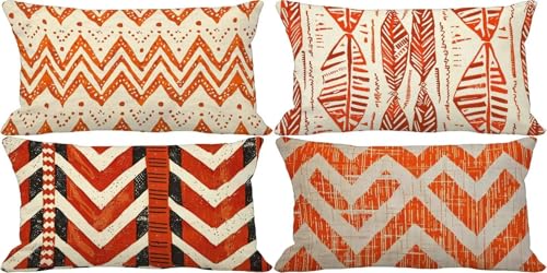 Orange Color Pillow Covers 16x32in Set for 4 Outdoor Pillows Waterproof Linen Rectangular Couch Cushion Covers Geometry Double-Sided Decorative Pillowcase for Summer Garden Furniture Home Decor x64-N