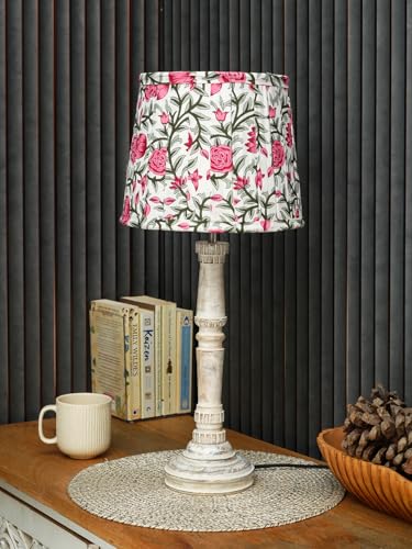 Image of Green Girgit Wooden Distress White Empire Lamp with Pleeted Multicolor Pink Rose Lamp Shade