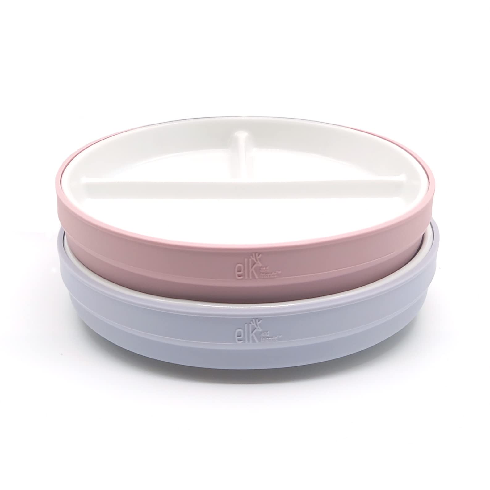 Elk and Friends 6.7" Kids Porcelain White Plates with Silicone Sleeves | Divided Plates | Suitable for Kids/Toddlers | Microwave & Dishwasher Safe | Non Slip | Snack Dishes