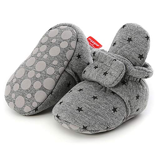 Timatego Newborn Baby Boys Girls Booties Stay On Socks Non Skid Soft Sole Infant Toddler Warm Winter House Slipper Crib Shoes 0-18 Months, Baby Booties 0-6 Months Infant, 02 Grey Star #TOP29