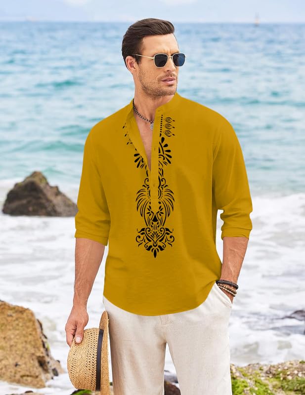 Image of FINIVO FASHION Men's Cotton Blend Short Kurta with Bold Printed Front Design | Full Sleeve Ethnic Casual Kurta with Mandarin Collar | Artistic Festival & Travel Wear for Modern Ethnic Style
