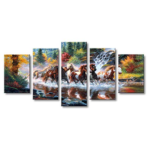 Arthome520 Golden Landscape Home Decor Canvas Print Painting Colorful Animal Horse Picture Wall Art Contemporary Framed Ready To Hang 5 Panel (12''X18''X2+12''X24''X2+12''X30''X1) #TOP1