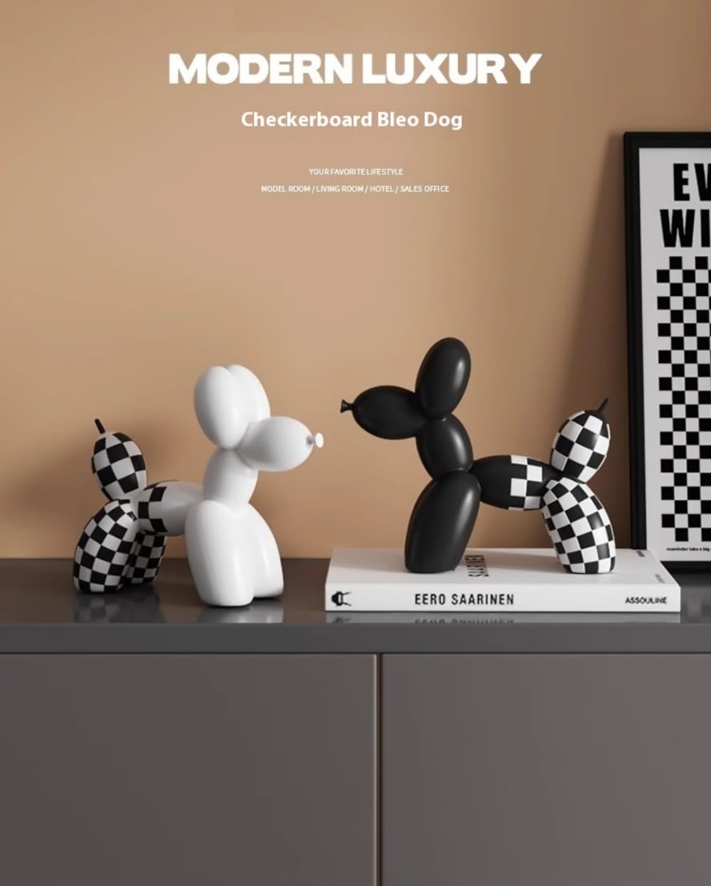Escultura Perro Globo a Cuadros, Estatua de Resina, decoración para el hogar y la Oficina, para Sala de Estar, Dormitorio, Escritorio, 21 x 18 x 9 cm, Juego de 2 Piezas en Blanco y Negro