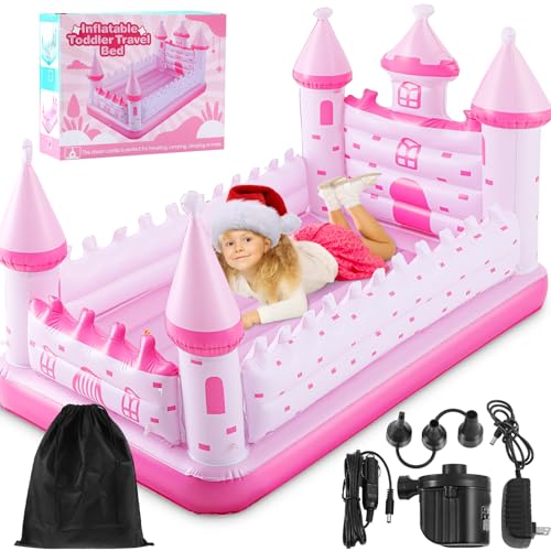 Relaxgiant Pink Castle Inflatable Kids Bed, Toddler Travel Bed with Safety Bumper and Air Mattress Portable Air Mattress with Pump for Vacation Hotel Home Sleepover Kids Birthday Gift