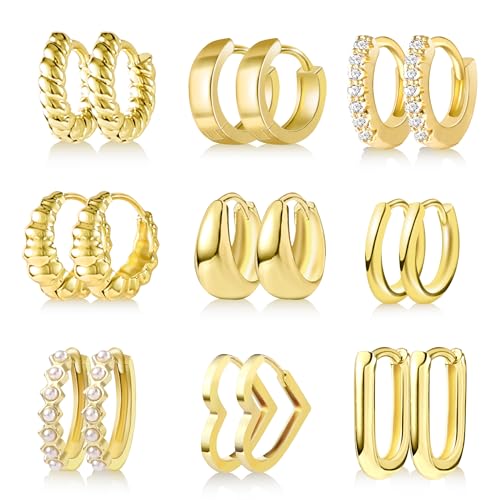 9 Pairs Small Gold Huggie Hoop Earrings Set for Women, 14K Real Gold Plated Hypoallergenic Cartilage Earring, Lightweight Tiny Gold Hoop Earrings for Gift