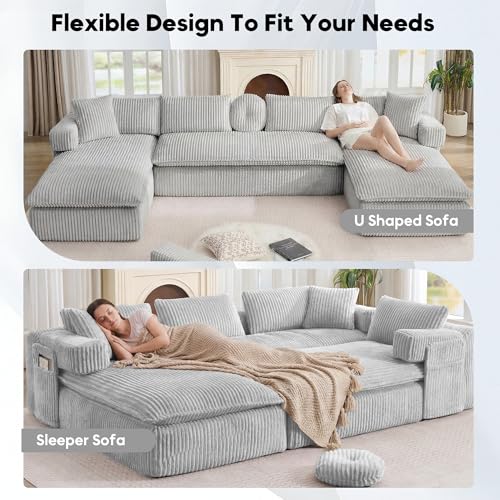 Image of Oversized Cloud Boneless Couch with Chaise, 149 inch Modern U Shape Modular Deep Seat Sectional Sofa, Comfy Corduroy Upholstered Couches for Living Room, No Assembly Required, Light Grey