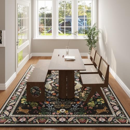 Living Room Rug 6x9 Rug Machine Washable Area Rug Floral Non-Slip Low Pile Large Rug for Living Room, Bedroom, Farmhouse, Dining Room, Kids Playroom (Vibrant Black)