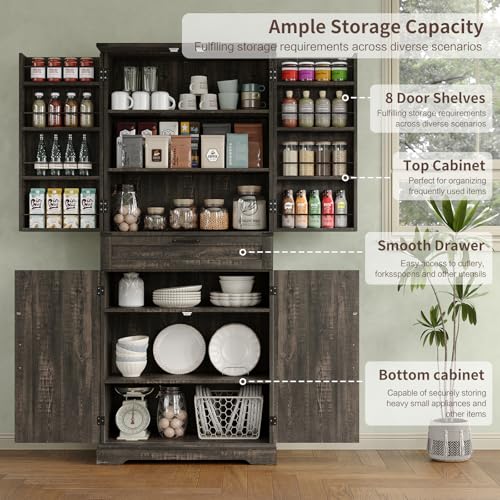 FUSOU 72'' Kitchen Storage Pantry Cabinet, Tall Storage Cabinet with 8 Door Shelves, 2 Cabinets and 1 Drawer, Freestanding Cupboard for Kitchen, Dining Room, Bathroom, Laundry, Dark Rustic Oak by FUSOU - Image 3